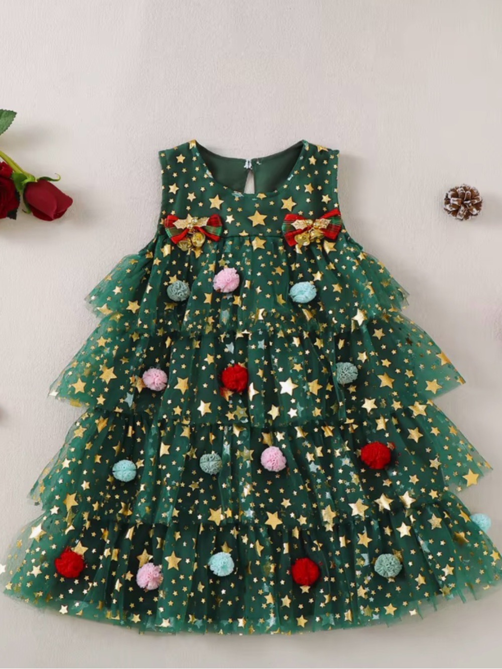 NEW Holiday Green Star Pom-Pom Tulle Kids Costume Dress- size 120cm 5-6yrs old